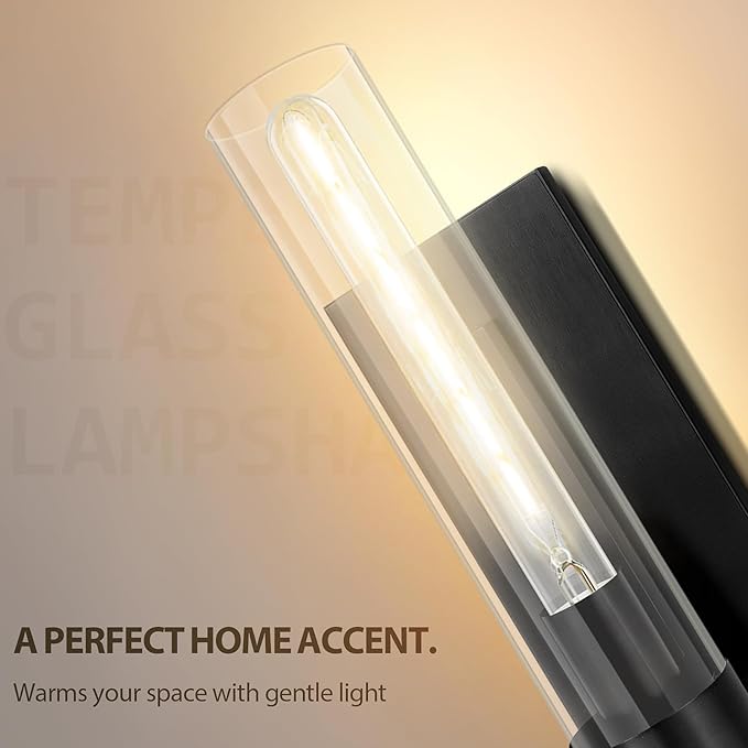 Wall Sconces Set of Two, 18" Black Bathroom Sconces with Clear Glass, Hardwired Modern Sconces Wall Decor Set of 2 Wall Light Fixtures for Bathroom Bedroom Living Room Mirror Hallway