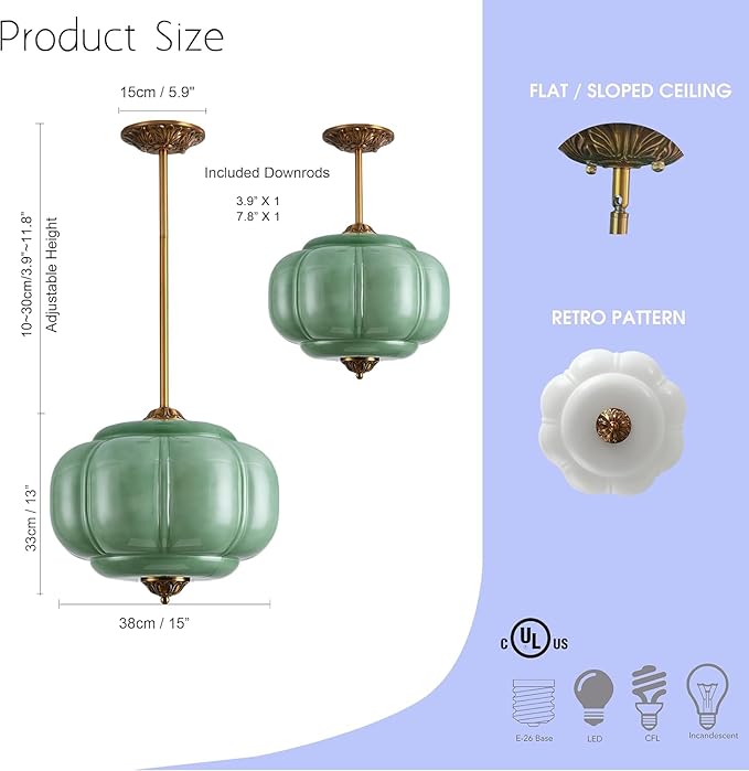 15-Inch Vintage Semi Flush Mount Ceiling Light, Green Glass Chandelier with Antique Brass Finish, Mid Century Modern Schoolhouse Pendant Light Fixtures for Kitchen, Hallway, Dining Room