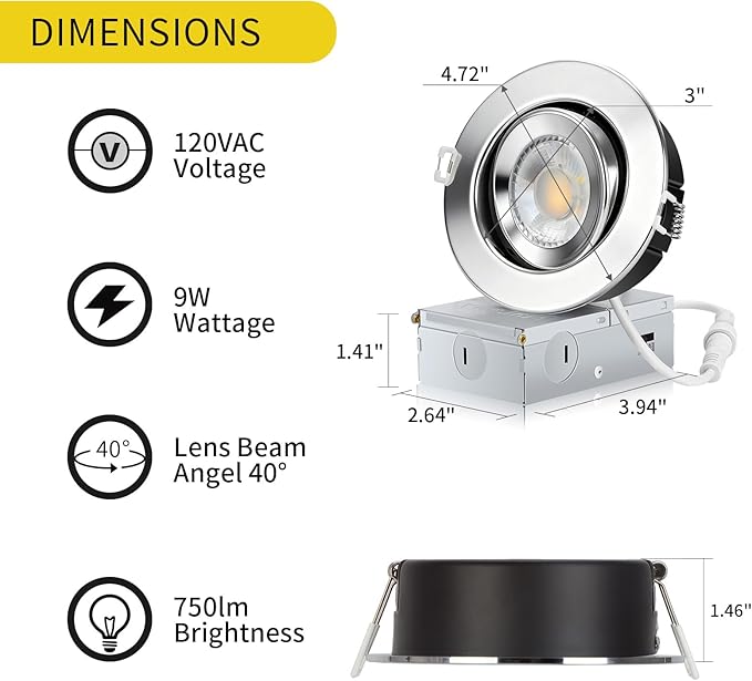 KnLnny Ware Chrome 4 Inch Gimbal Recessed Lights 6 Pack, Ajustable Eyeball Recessed Lighting, Spot Lights Indoor with Junction Box, 5CCT Selectable,9W 750LM,Dimmable