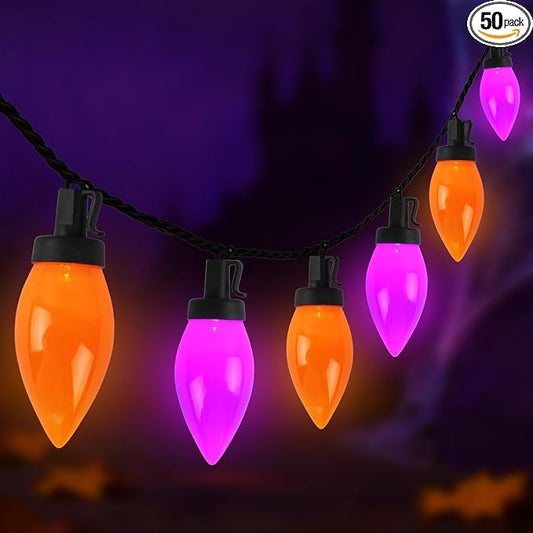 C9 Halloween String Lights Outdoor, 26.4Ft C9 Halloween Decorations with 50 LED Orange and Purple Lights, Extendable Hanging Plug in Christmas Night Lights for Party, Patio, Outside Yard, House Decor