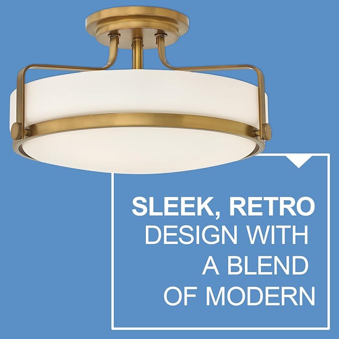 Hinkley Harper Medium Semi-Flush Mount Ceiling Light, Sleek, Retro Style, Etched Opal Glass, Heritage Brass Finish
