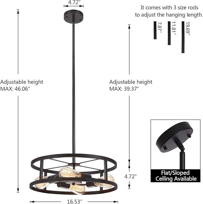 Black Semi Flush Mount Ceiling Light,Industrial Farmhouse Sloped Lights Fixture, Adjustable Height Metal Lighting for Kitchen Dining Room Entryway Hallway Living Room