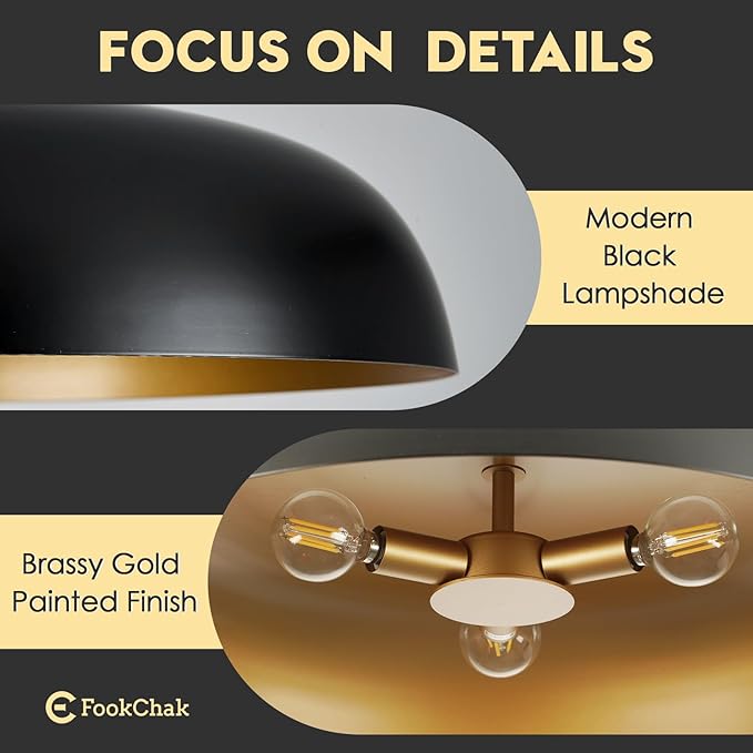 Large Pendant Light 20in Black and Gold Dome Pendant Lights 3 Light Socket Pendant Light Fixture with Adjustable Pendant Lighting for Kitchen Island Dining Room Kitchen Sink, E12