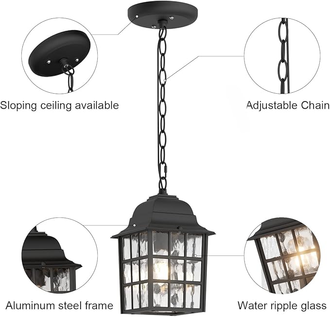 Outdoor Pendant Light 2 Pack, Exterior Ceiling Hanging Lantern Porch Light with Water Glass, 1-Light Outdoor Hanging Lantern Light Black Exterior Pendant Lighting Fixture for Porch