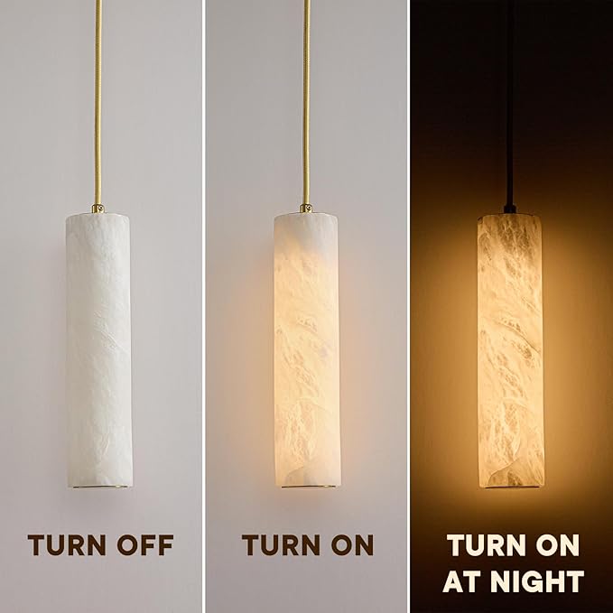 Natural Alabaster Pendant Light Fixture, Modern Marble Kitchen Island Lamp, Long Tube Alabaster Chandelier with LED Light Strip, Small Pendant Light for Kitchen, Dining Room, Living Room (1 Pack)