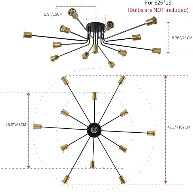 Black and Gold Oversized Semi Flush Mount Ceiling Light Fixture 13-Lights Modern Large Sputnik Chandelier for Office Living Room Bedroom Dining Room Kitchen