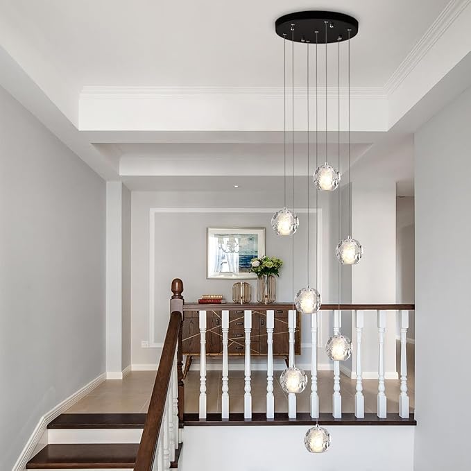 Black Crystal Chandelier, 7 Lights Bubble Cluster Pendant Light Fixture, 59" Long Hanging Light Raindrop Modern Chandelier for Entryway Foyer Staircase