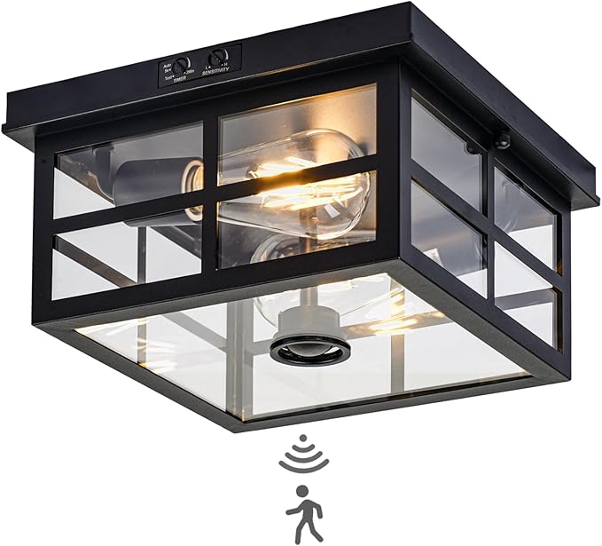 Vexagyle Outdoor Ceiling Light with Motion Sensor,2-Light Outdoor Ceiling Lights for Porch Flush Mount Motion Sensor,Dusk to Dawn Outdoor Light Fixture Ceiling Mount with Clear Glass for Porch,Garage