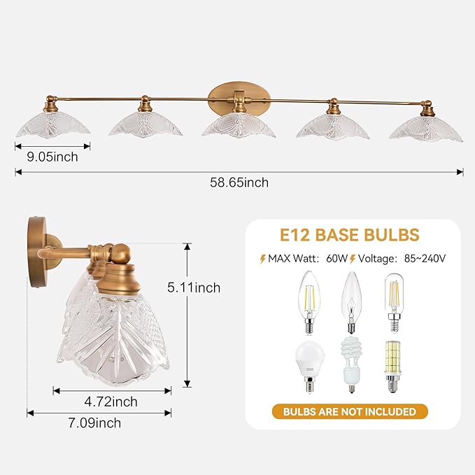 58.65-inch Bathroom Vanity Light, 5-Light Brass Vanity Light, European Classic Luxury Bathroom Mirror Light, E12 Sockets