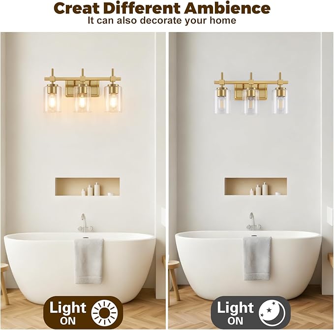 Asnxcju 3-Light Brushed Gold Bathroom Light Fixtures, Modern Gold Vanity Lights with Clear Textured Glass Shades for Mirror, Bathroom Wall Sconces Lighting for Kitchen Living Room Hallway Porch