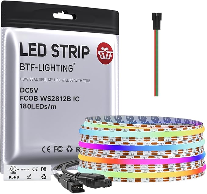 BTF-LIGHTING FCOB COB WS2811(WS2812B) IC RGB 180LED/m 540IC LED Strip DC5V 9.8FT Individual Addressable,UL Listed,High Density Uniform Light Dream Chasing Color 10mm Width(NO Adapter or Controller)