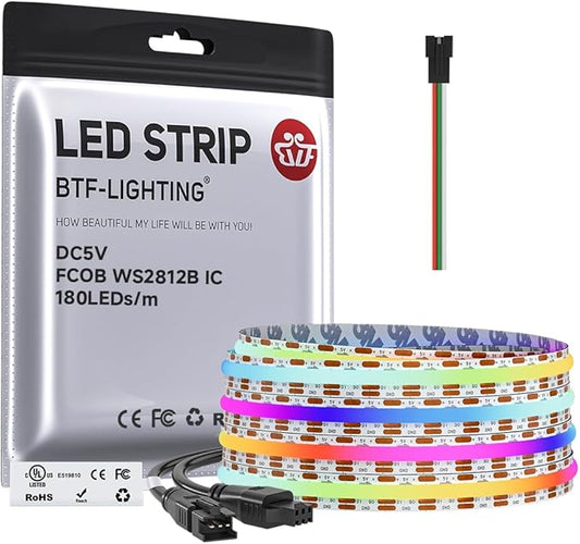 BTF-LIGHTING FCOB COB WS2811(WS2812B) IC RGB 180LED/m 540IC LED Strip DC5V 9.8FT Individual Addressable,UL Listed,High Density Uniform Light Dream Chasing Color 10mm Width(NO Adapter or Controller)