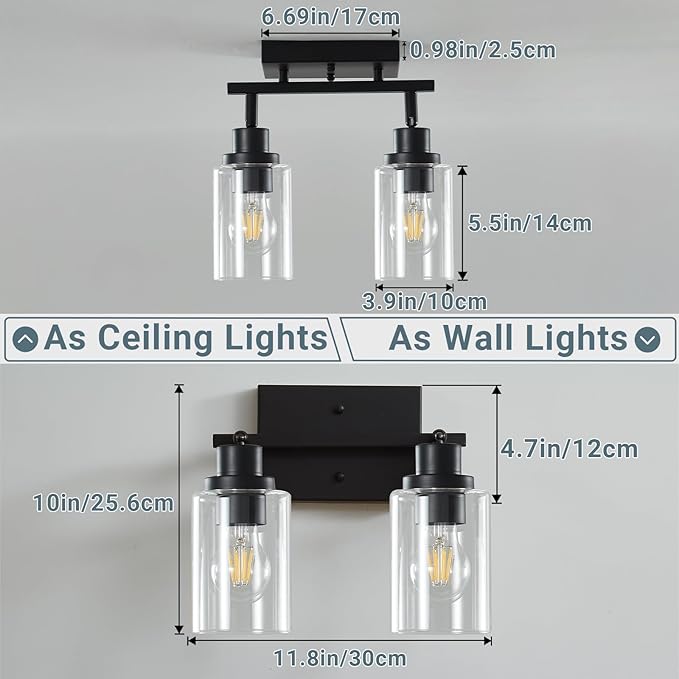 LOUSACE 2 Light Kitchen Track Light Fixtures Ceiling Vanity Lights Black, Bathroom Track Lighting Kit w/Rotatable Heads & Clear Glass Shade, Modern Wall Ceiling Tracking Light for Accent Shop Hallway