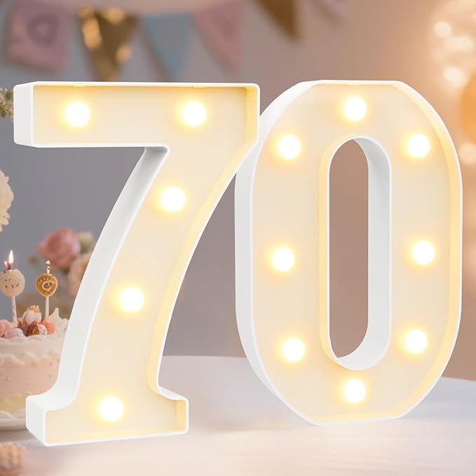 Pooqla Decorative LED Light Up Number Letters, White Plastic Marquee Number Lights Sign for 70th Birthday Party Wedding Decor, Battery Operated (70)