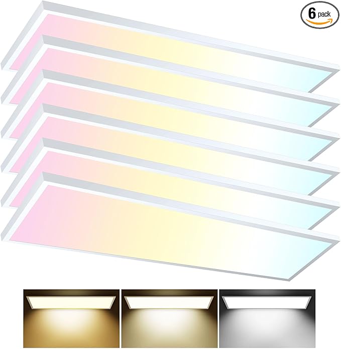 AIKVSXER 6PACK 1x4 LED Flat Panel Light Surface Mount LED Ceiling Light, 5500LM 50W TRIAC 10-100% Dimmable, 3000/4000/5000K AC120V Kitchen Lights Ceiling Flush Mount for Garage/Basement/Laundry