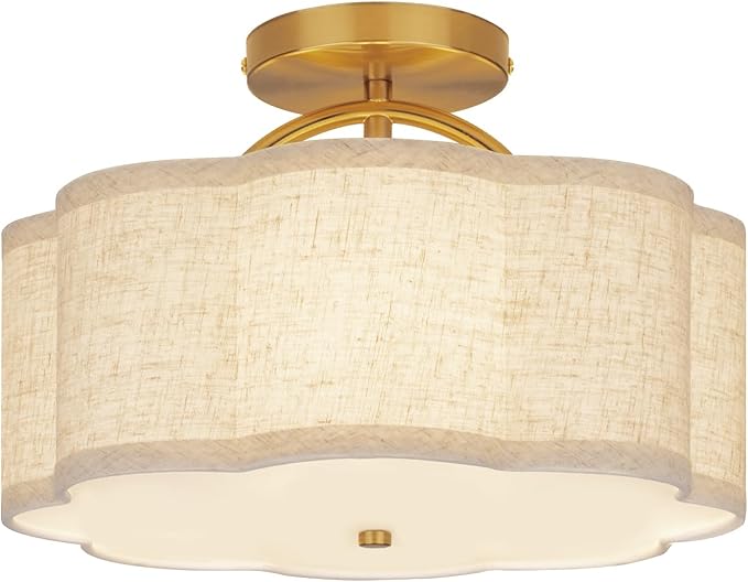 Semi Flush Mount Ceiling Light, 11.8" Modern 3-Light Fixture with Petal-Shaped Cream Beige Linen Shade and Golden Support Arm, Ideal for Bedroom, Kitchen, Living Room, Hallway, and Entryway