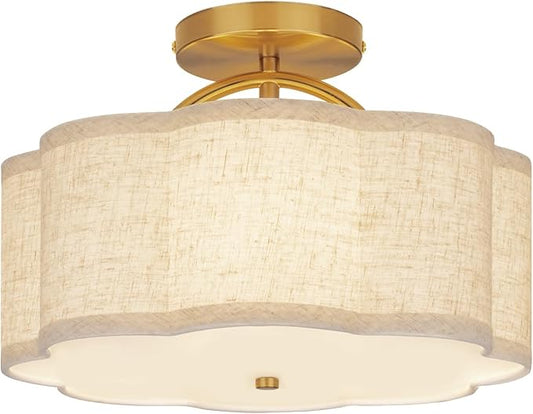 Semi Flush Mount Ceiling Light, 11.8" Modern 3-Light Fixture with Petal-Shaped Cream Beige Linen Shade and Golden Support Arm, Ideal for Bedroom, Kitchen, Living Room, Hallway, and Entryway