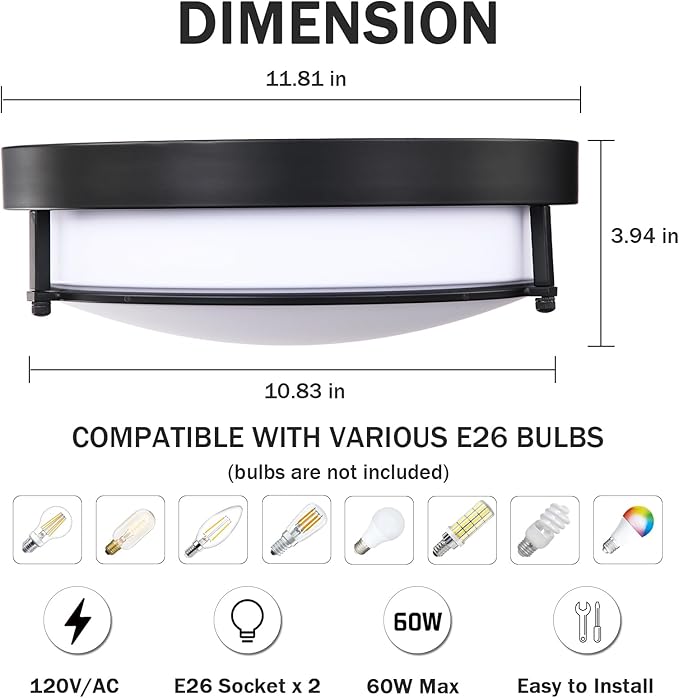 2 Pack Black Flush Mount Ceiling Light, 12 inch 2-Light Modern Light Fixtures Ceiling Mount for Kitchen Living Room Bedroom Hallway Enteryway, E26 Socket