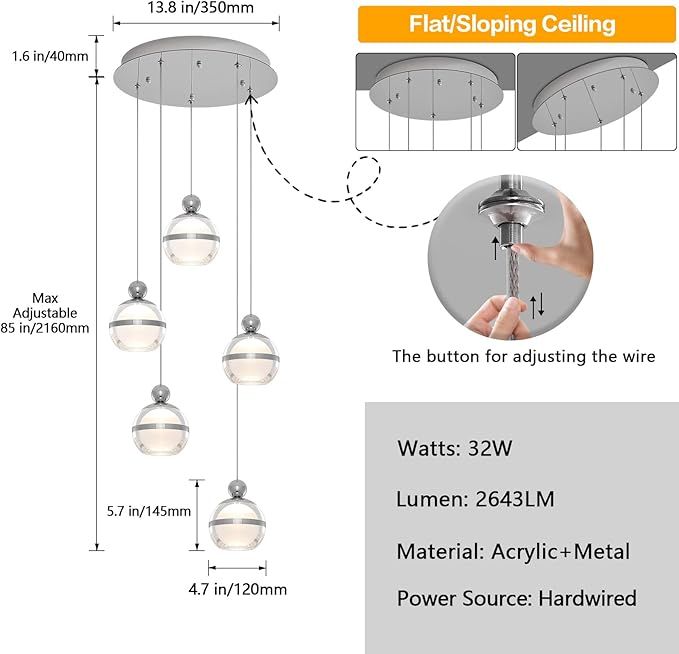 5-Light Chrome Chandelier, Modern Long Chandeliers for High Ceilings Globe Hanging Light Chandelier for Staircase Foyer Corner Living Room Entryway Dining Room 3000K