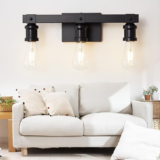 Farmhouse Bathroom Vanity Light Fixtures 3-Light Bathroom Light Fixtures Over Mirror Matte Black Vanity Light Industrial Vintage Wall Light Fixtures for Bathroom Living Room Hallway