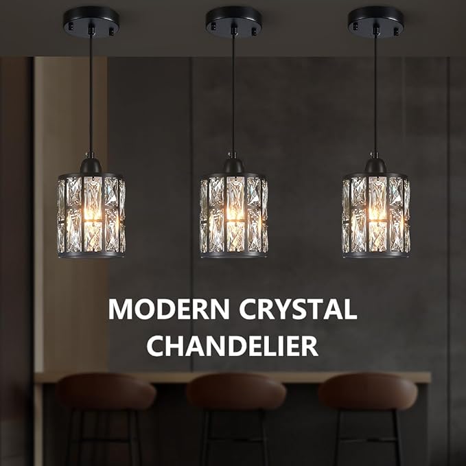 3 Pack Crystal Hanging Kitchen Island Pendant Light Black Finish Concise Fixture Crystal Plate Metal Shade for Bar Dining Room Living Room Over Sink Ceiling