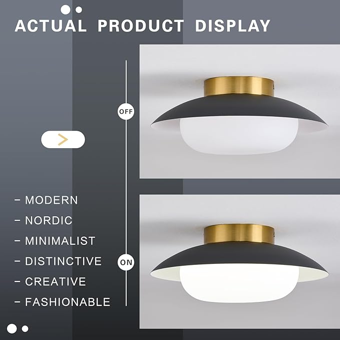 Modern LED Semi Flush Mount Ceiling Light Fixture,Energy Saving 24W Non Dimmable,Black and Gold,Easy to Install,for Hallway Bedroom Kitchen Bathroom Closet Entryway Laundry Room,5000K(11.81")
