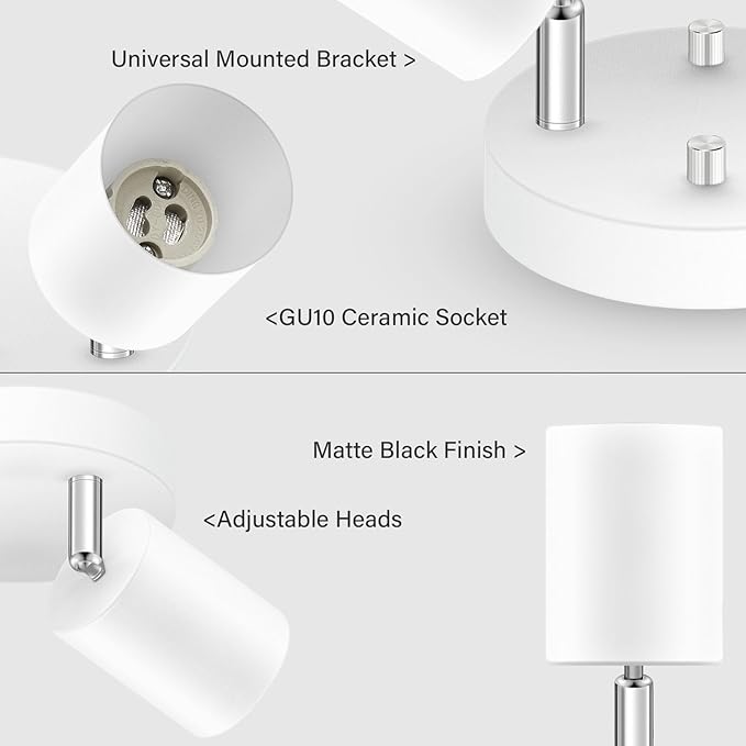 LED 2 Light Track Lighting Kit, LED Track Lighting Fixtures, White Round Ceiling Spot Lighting, Flexibly Rotatable Light Head for Kitchen, Living Room, Bedroom, GU10 Bulb Not Included