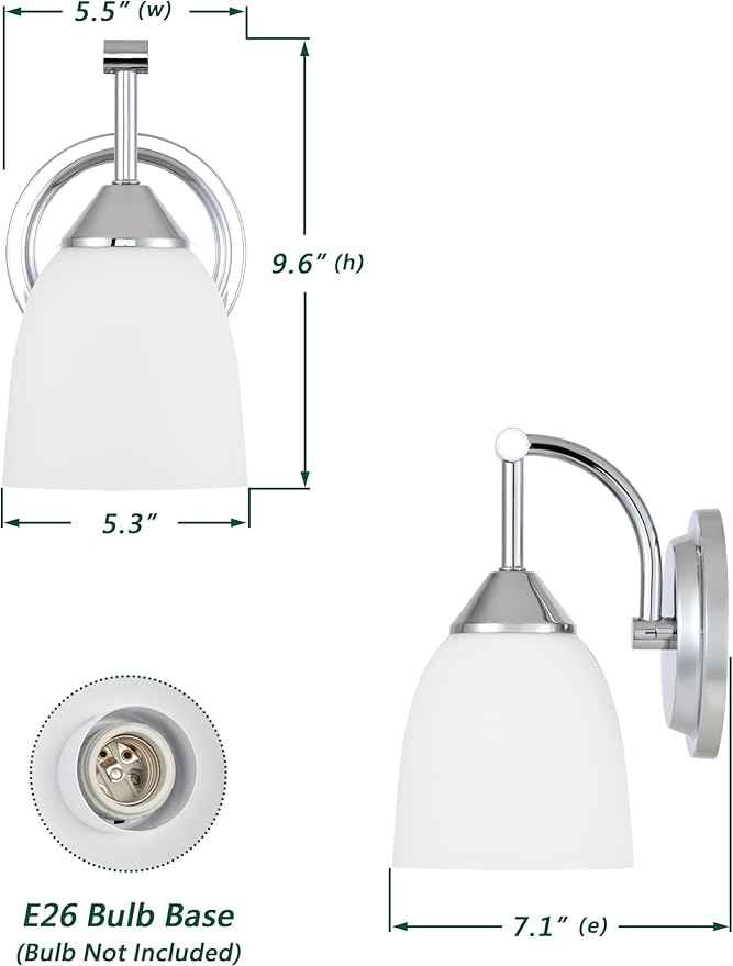 Traditional 1-Light Indoor Chrome Wall Sconce with Frosted Glass Bathroom Bedroom Hallway, 9.6" H x 5.5" W, Chrome