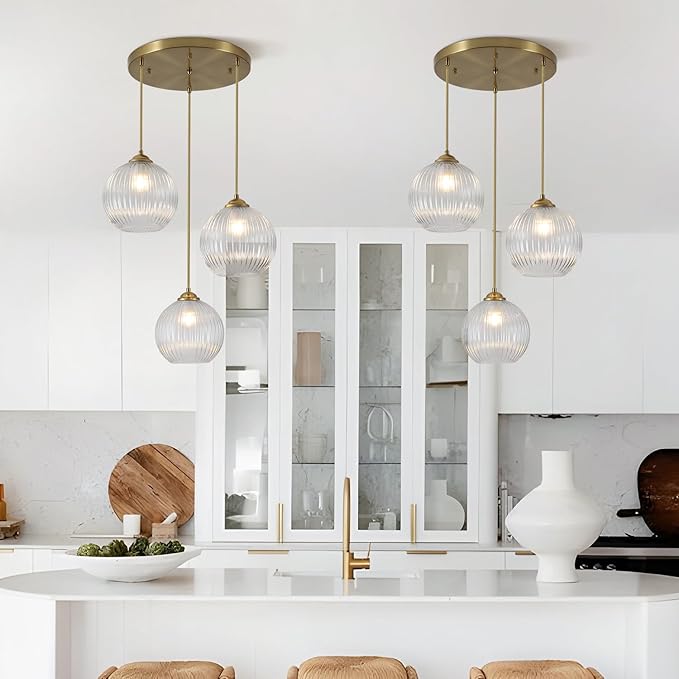 3-Light Pendant Light Fixtures Brushed Gold Kitchen Island Lighting Modern Clear Glass Cluster Pendant Lights Chandelier Adjustable Cord Antique Brass Hanging Light for Dining Room MPL30-3B
