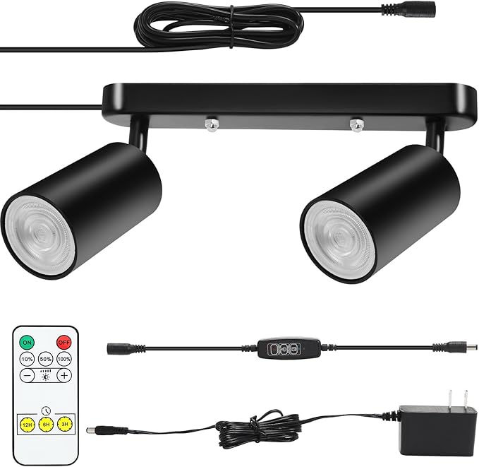 Plug in Track Lighting Track Light Fixtures with Power Cord Wall Spotlight Flexibly Rotatable Heads Plug in Ceiling Lights for Kitchen Cabinet Gallery Bar Living Room 10W 3000K(Black, 2 Heads)