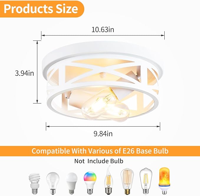 ZHU YAN 2 Pack Flush Mount Ceiling Light, White Hallway Light Fixture, Metal Cage, for Kitchen Entryway, E26 Base