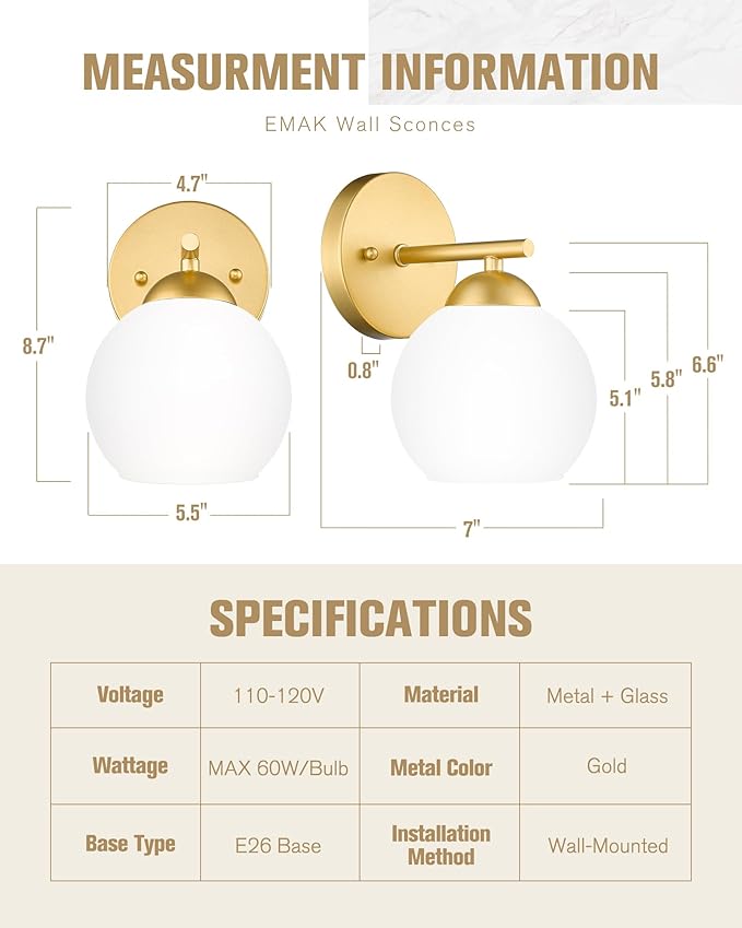 Emak Modern 2 Pack Globe Wall Sconce, Gold Vanity Light with Milk Glass Shade for Bathroom, Living Room, Pictures, Bedroom,Hallway, WS114-GD-ML-2PK