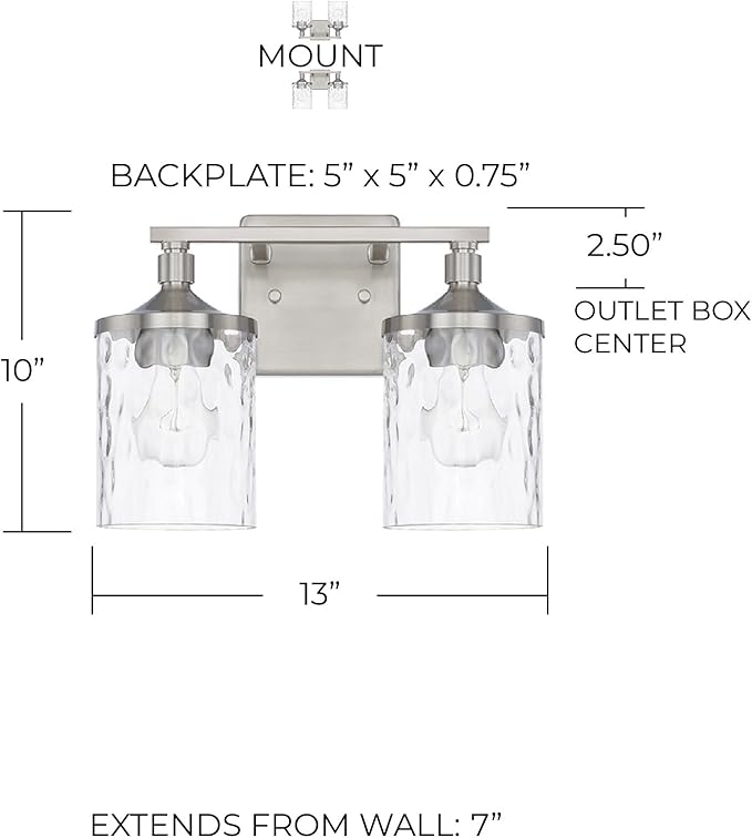 HomePlace Lighting 128821BN-451 Colton Mid-Century Clear Water Glass Bathroom Vanity Wall Light, 2-Light 200 Total Watts, 10" H x 13" W, Brushed Nickel