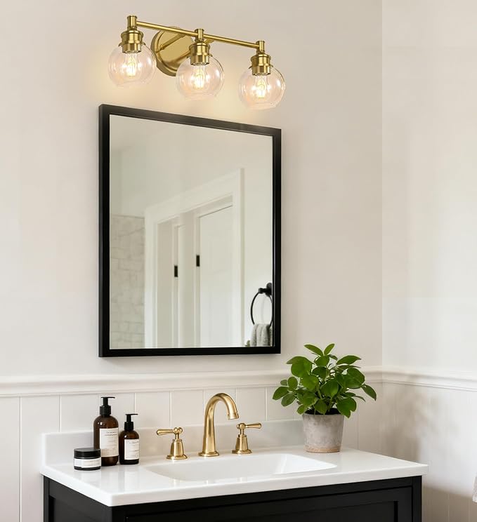 Bathroom Light Fixtures, 3-Light Brushed Gold Vanity Light Globe Glass Shades, Bathroom Lighting Fixtures Over Mirror, Wall Sconces for Master Bathroom, Guest Bathroom, Powder Room, 20-inch