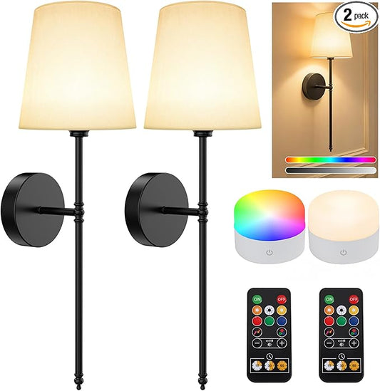 Battery Operated Wall Sconces Set of 2, Rechargeable Wireless Wall Lights with Remote, RGB Dimmable Wall Lamp for Bedroom Wall Decor Living Room Hallway (Black)