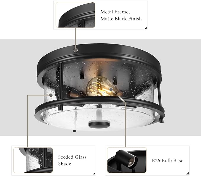 Farmhouse Flush Mount Ceiling Light Fixture, 12 Inch Rustic Close to Ceiling Light Fixtures Metal Cage Lighting with Seeded Glass for Home Kitchen Bedroom Dining Room Entryway Hallway