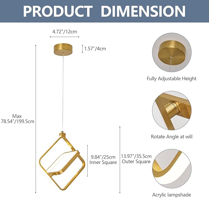 Modern LED Chandelier Gold Rectangular Pendant Light Fixtures 4000K 20W Dimmable Height Adjustable Pendant Lighting for Dining Room Kitchen Island Bedroom Living Room Foyer（2-Pack）