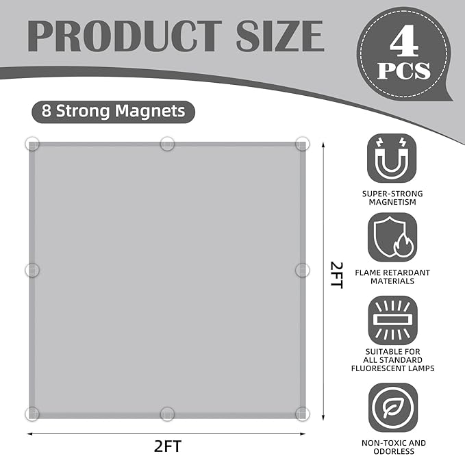 ANGSYLTH 2 x 2 Feet Fluorescent Light Covers - 4 Pcs Covers for Ceiling Lights, Magnetic Light Filters for Classroom, Office, Hospitals, Home (Light Gray)