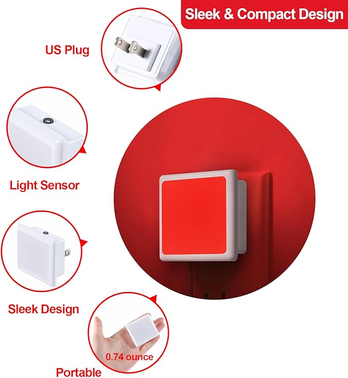 670nm Red Light Night Light for Sleep[2 Pack]- Zero Blue Light, Diammble & Energy Efficient 0.3W Night Light Plug into Wall with Dusk-to-Dawn Sensor for Nursery, Bedroom, Bathroom
