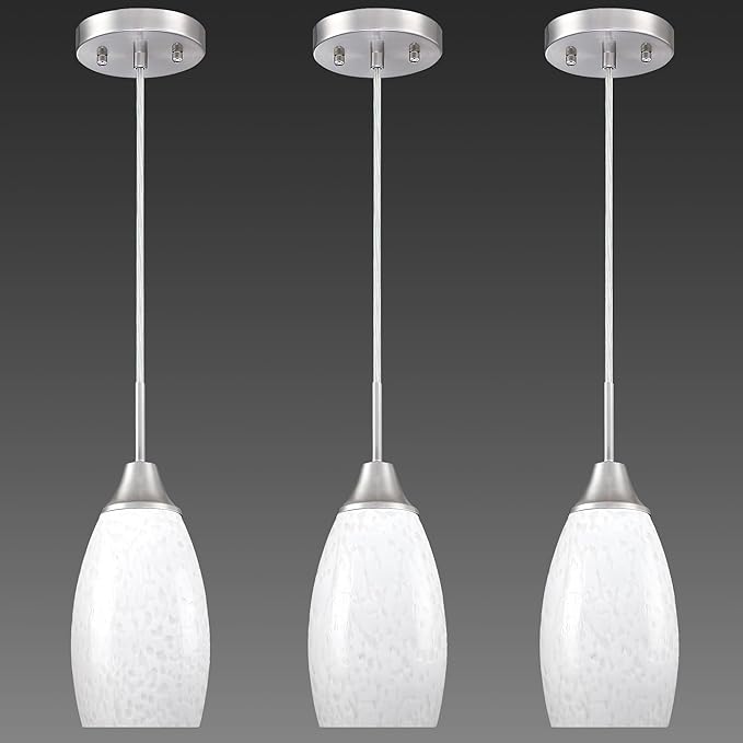 Viinew Mini Glass Pendant Light 4.72" with Handblown Milk White Marble Art Glass Hanging Light 3-Pack Oval Ceiling Hanging Light Fixture for Dining Room Kitchen Island Cafe Foyer Hallway