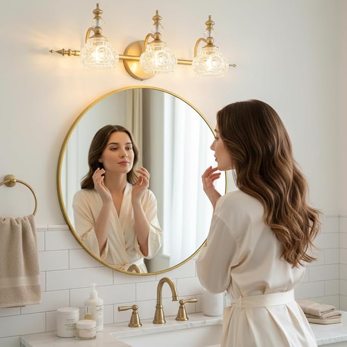 Bathroom Vanity Light Fixtures, Farmhouse Vintage Wall Sconce Lighting with Glass Shade, Bath Vintage Wall Mounted Lamps for Mirror (3 Lights,Gold,G9 Base)