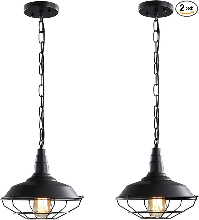 Industrial Pendant Lights 2 Pack Farmhouse Pendant Lights with Adjustable Chain, D10.2 Rustic Pendant Lighting Barn Black Metal Hanging Lights with Wire Cage for Kitchen Island Dining Room