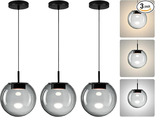 Advanced 3CCT Smoke Glass Pendant Light, Built-in LED Panel for Ultra-Even, Glare-Free Lighting, Modern Design and Stylist Fixture for Kitchen Island, Dining Table and Bedside(7.9in, 3-Pack)