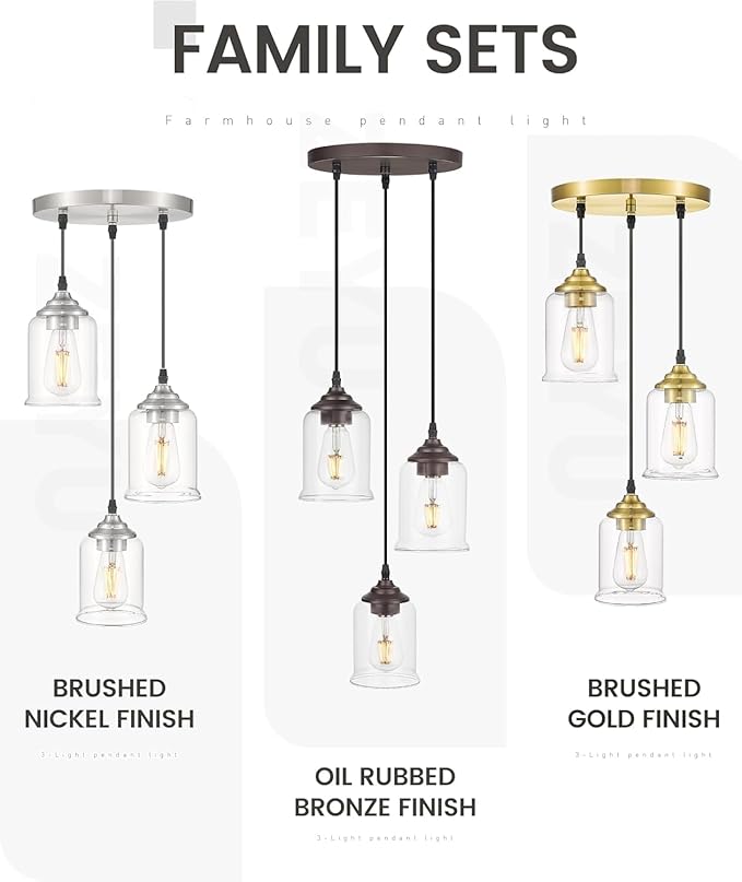 zeyu 3-Light Cluster Pendant Light, Farmhouse Hanging Lights for Kitchen, Oil Rubbed Bronze Pendant Light Fixtures Adjustable with Clear Glass Shade, ZSL104-3 ORB