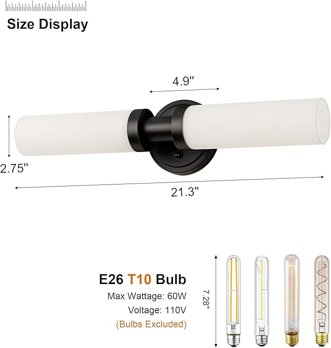 SANTOSTOCK Black Bathroom Light Fixtures, 2-Light Wall Sconces Lighting W/White Glass Shade, Modern Vanity Lights for Mirror, Wall Mounted Lamp, E26 T10 Bulbs(Excluded)