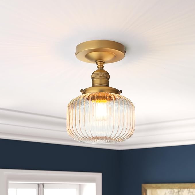 PERMO Small Semi-Flush Mount Ceiling Light Flat Ribbed Glass Shade, Antique Gold Finish, Modern Hallway Lighting Fixture