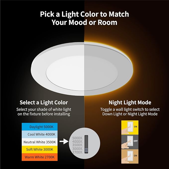 Meconard 6 Pack 4 Inch 5CCT LED Recessed Lighting with Night Light, 2700K/3000K/3500K/4000K/5000K Selectable Ultra-Thin LED Recessed Ceiling Lights, 9W=75W, 750LM, Dimmable Canless Wafer Downlight