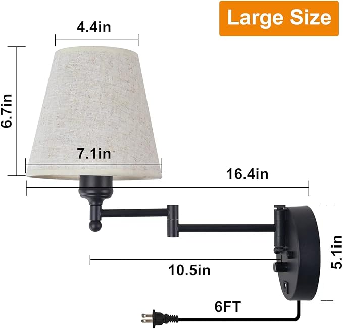 Bedside Wall Mount Light with Dimmable Switch and USB Port, Black Wall Sconce Light with Swing Arm and Plug in Cord, Fabric Shade Wall Lamp Perfect for Bedroom, Living Room and Hotel