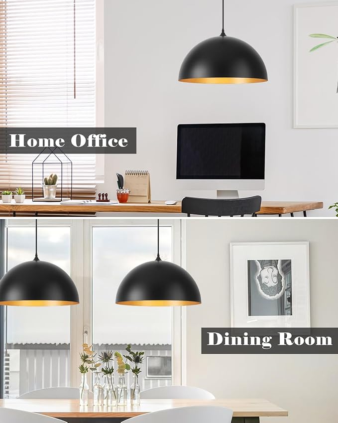 Black Pendant Lights Kitchen Island, 16 Inch Black and Gold Dome Pendant Light, Modern Farmhouse Pendant Light for Kitchen Island, Dining Room, Cafe, Bar, 2 Pack