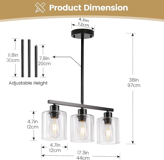 3-Light Kitchen Island Lighting, Black Pendant Light Fixture, Farmhouse Dining Room Light Fixtures Over Table, Modern Hanging Light Fixtures with Clear Glass, E26 Base, Bulbs Not Included
